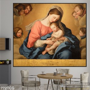 Tranh Mẹ Maria yêu thương Chúa hài nhi và các thiên thần