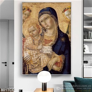 Tranh canvas cổ Mẹ Maria và Chúa hài nhi