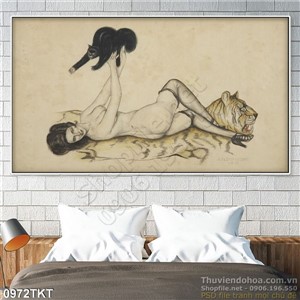 Tranh khỏa thân nghệ thuật vũ nữ bên hổ