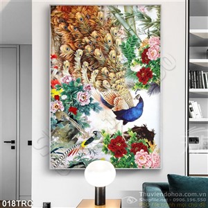 Tranh chim công và hoa mẫu đơn trang trí tường