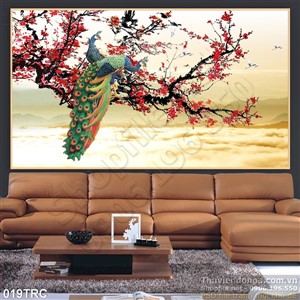 Tranh chim công và hoa đào treo tường