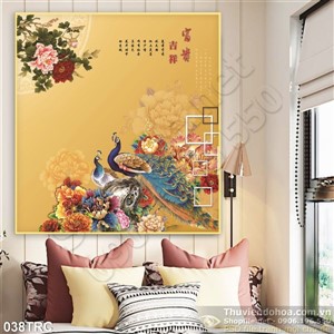 Tranh thư pháp kim tiền chim công