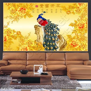 Tranh chim công thư pháp kim tiền treo tường