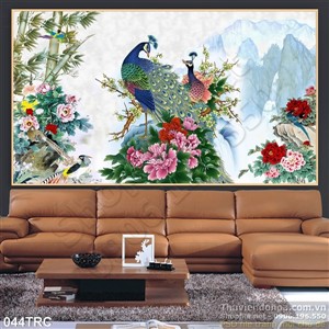 Tranh chim công và hoa mẫu đơn trang trí