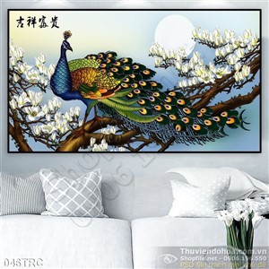 Tranh thư pháp chim công và hoa