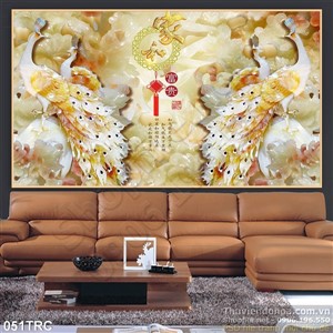 Tranh chim công thư pháp kim tiền treo tường