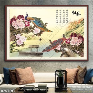 Tranh chim công và hoa mẫu đơn