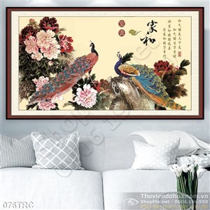 Tranh chim công thư pháp trang trí tường