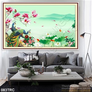 Tranh chim công và hoa sen treo tường