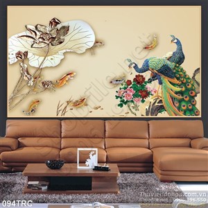 Tranh chim công và cá chép trang trí phòng khách
