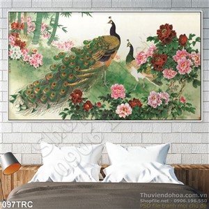 Tranh chim công và hoa trang trí