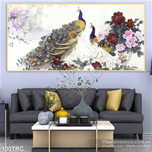 Tranh chim công và hoa mẫu đơn thư pháp