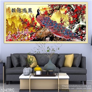 Tranh chim công và hoa đào thư pháp
