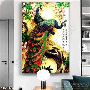 Tranh chim công thư pháp kim tiền