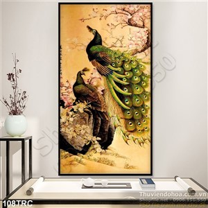 Tranh chim công và hoa đào trang trí tường