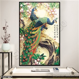 Tranh điêu khắc chim công thư pháp