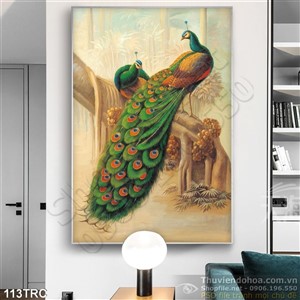 Tranh chim công treo tường thư pháp