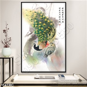 Tranh chim công thư pháp treo tường