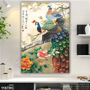 Tranh chim công thư pháp trang trí