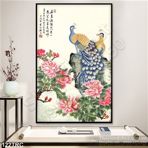 Tranh chim công thư pháp treo tường