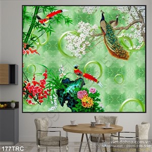 Tranh chim công mùa xuân trang trí tường