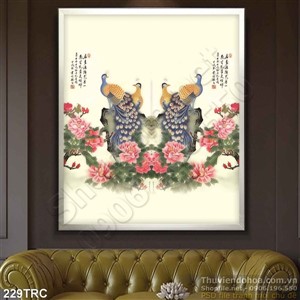 Tranh chim công thư pháp treo tường