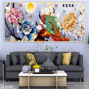 Tranh chim công kim tiền thư pháp