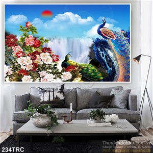 Tranh chim công và thác nước phong thủy