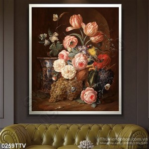 Tranh tĩnh vật hoa quả sơn dầu treo tường nội thất