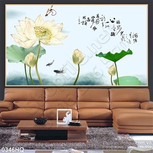 Tranh hoa sen thư pháp đẹp