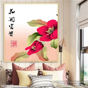 Tranh hoa đào thư pháp đẹp