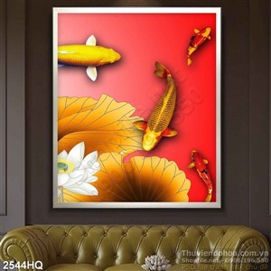 Tranh hoa lá Sen và cá koi đẹp độc đáo