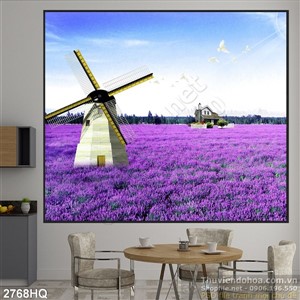Tranh cánh đồng hoa tím và cối xay gió
