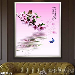 Tranh hoa đào thư pháp dán tường