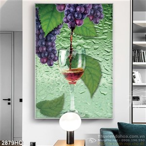 Tranh hoa lá và ly rượu trang trí bếp