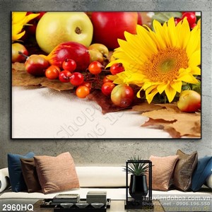 Tranh hoa hướng dương và trái cây