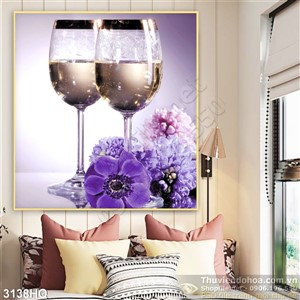 Tranh Ly rượu và hoa