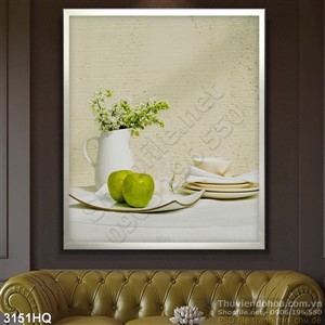 Tranh hoa lá và táo xanh