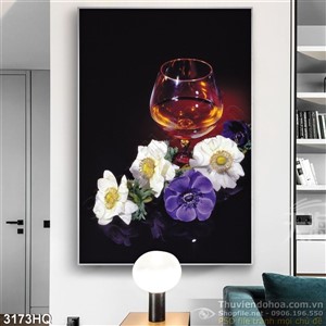 Tranh nha hang quan an ly rượu và hoa