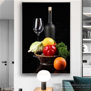 Tranh nha hang quan an hoa quả và rượu