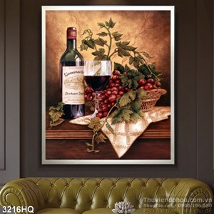 Tranh nha hang quan an rượu vang và nho