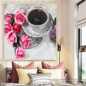 Tranh hoa hồng và tách cà phê