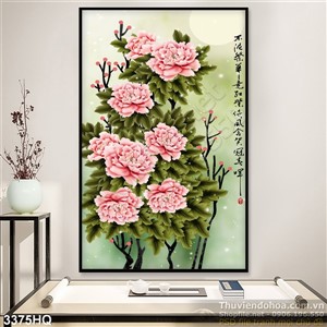 Tranh hoa mẫu đơn thư pháp trang trí phòng khách