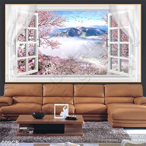 Tranh cửa sổ bên vườn đào trang trí tường