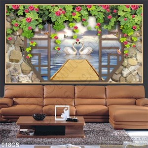 Tranh cửa sổ và chim thiên nga đẹp