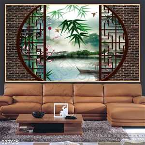 Tranh cửa sổ và cây tre trang trí treo tường