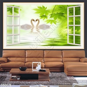 Tranh cửa sổ và thiên nga treo tường phòng khách