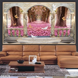 Tranh cửa sổ và vườn đào đẹp