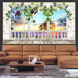 Tranh cửa sổ và hoàng hôn trang trí tường