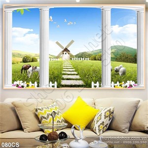 Tranh cửa sổ và cối xay gió treo tường đẹp